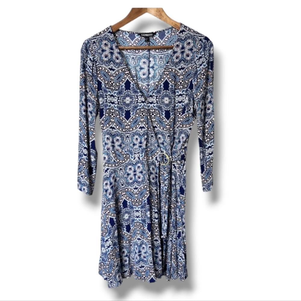 Express Boho Mandala Print V-Neck 3/4 Sleeve Wrap Dress  | Small
